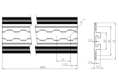 Rail aéronautique aluminium à ailettes pour plancher à encastrer  11 x 65 x 2000 mm (ailettes sous plancher)