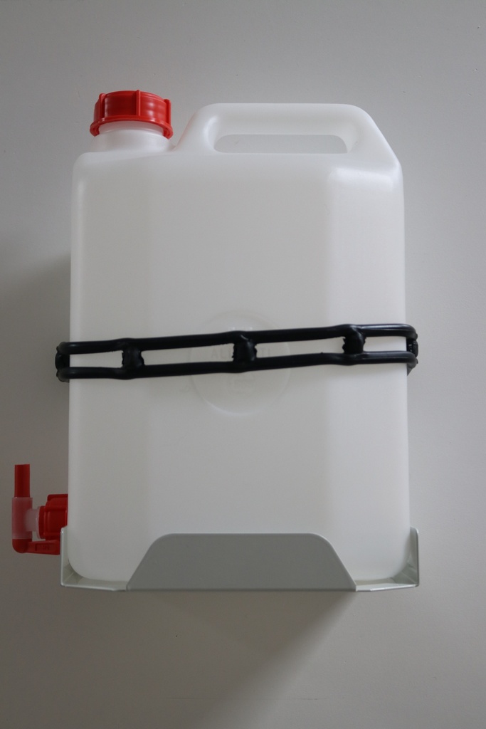 Porte - jerrycan en fer pour jerrycan en plastique 5  L. avec robinet, sangle de maintien et  jerrycan alimentaire 5 L. INCLUS.